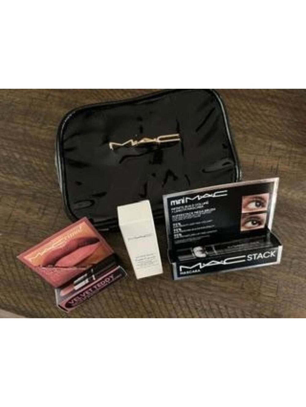 Mac Cosmetics Makeup Bag Gift Set Velvet Teddy Lipstick Macstack Mascara